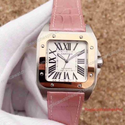 Swiss Quality Replica Cartier Santos 100 Watches 2-Tone Rose Gold Pink Leather Strap